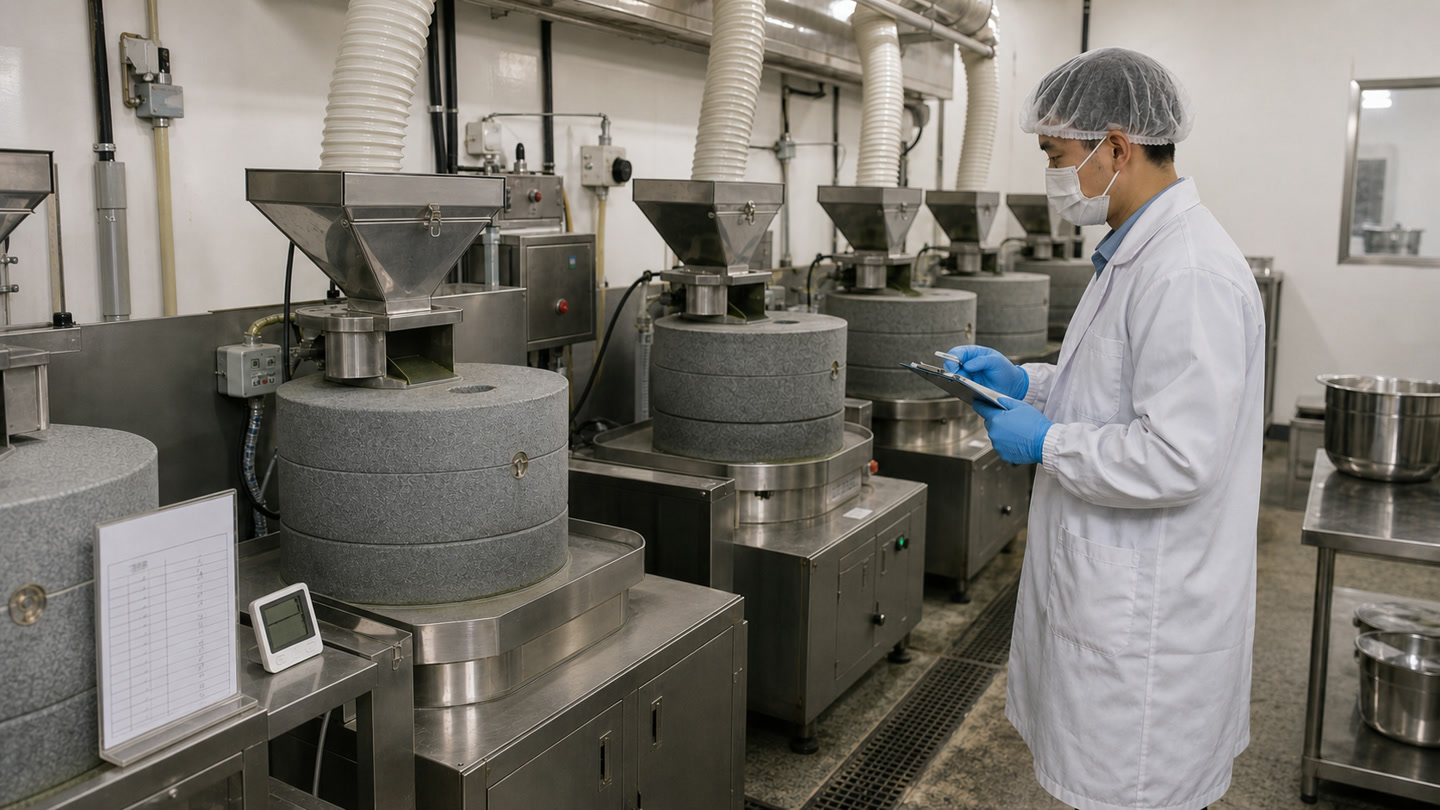 Industrial matcha grinding workshop