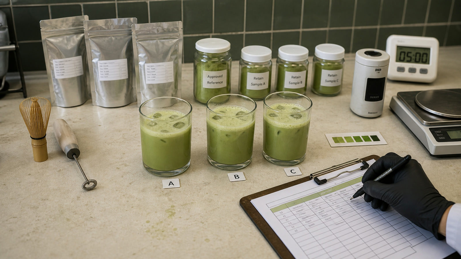 Matcha application samples for approved formula, scale-up and repeat-batch comparison